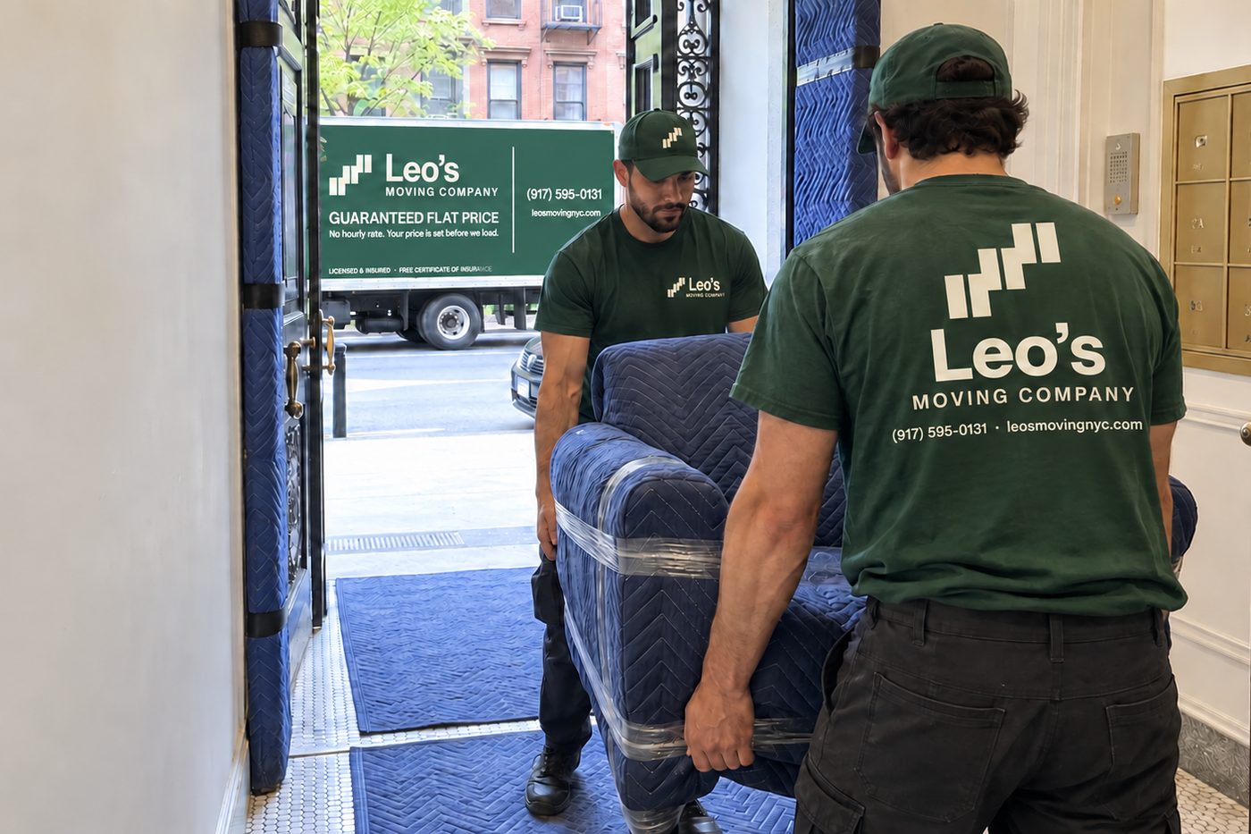 Two uniformed Leo's Moving Company movers carrying a shrink-wrapped sofa through a New York apartment lobby