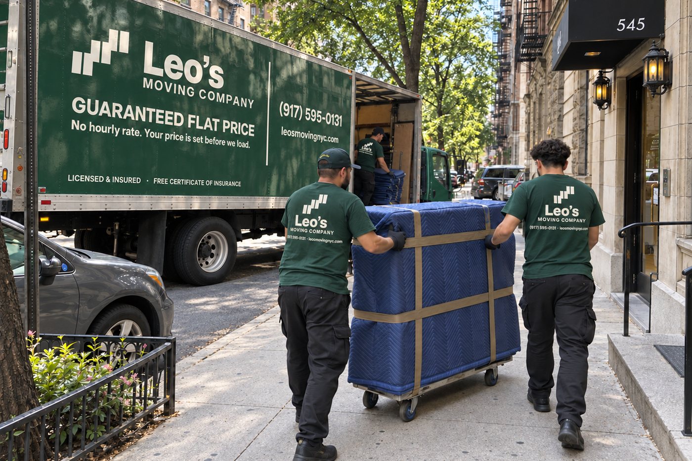 Leo's Moving Company movers wheeling a padded load to a green branded box truck on an Upper West Side block