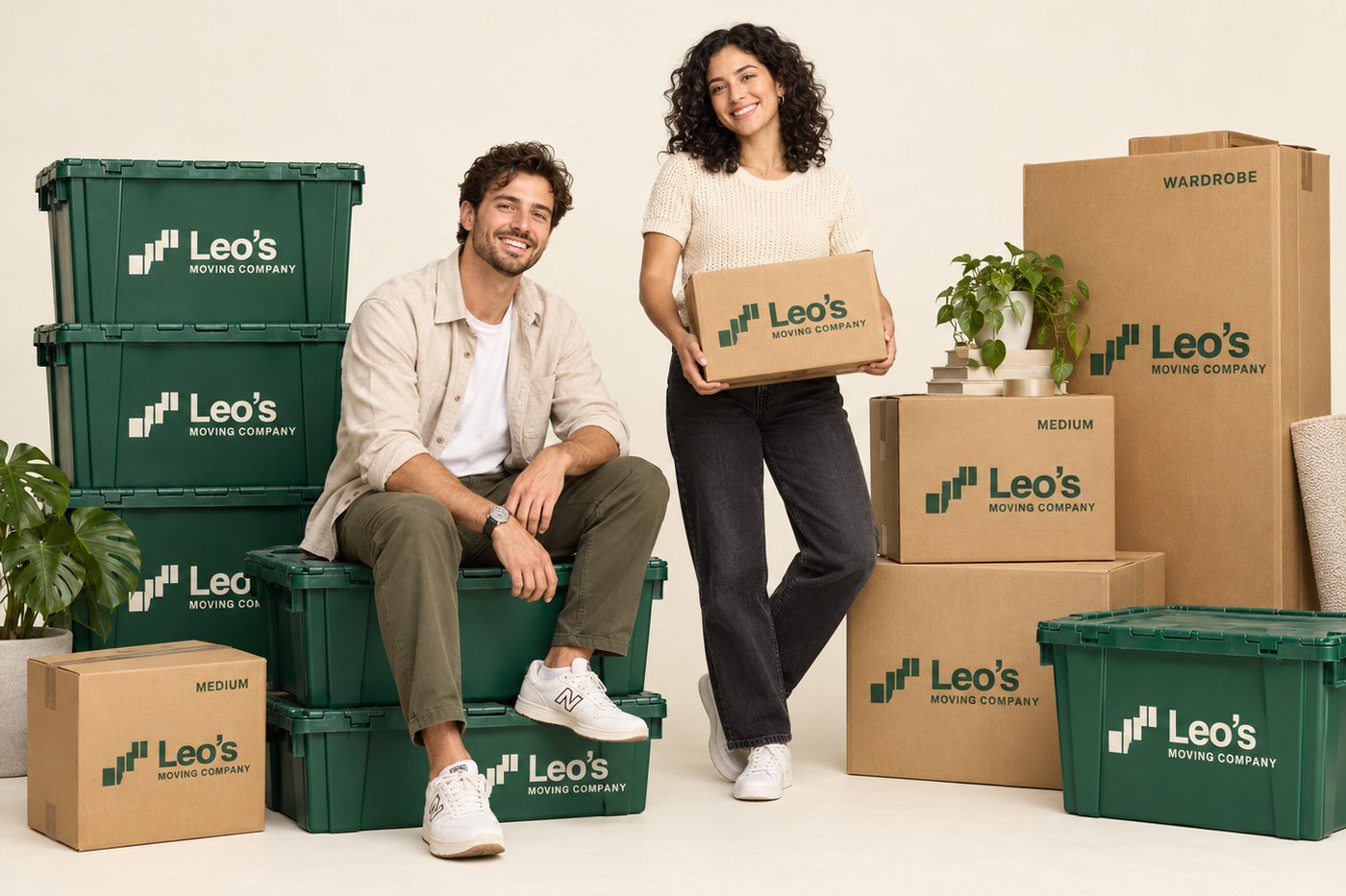 Leo's Moving Company reusable green totes and branded kraft cartons in wardrobe and medium sizes