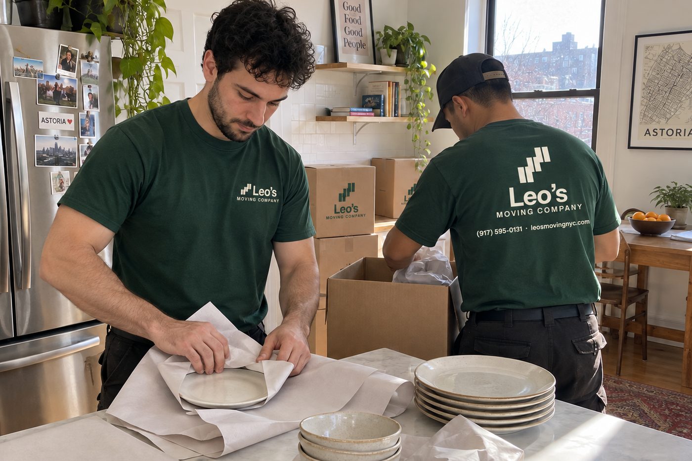 Leo's Moving Company movers wrapping dishes and glassware into labeled fragile boxes in a New York apartment kitchen