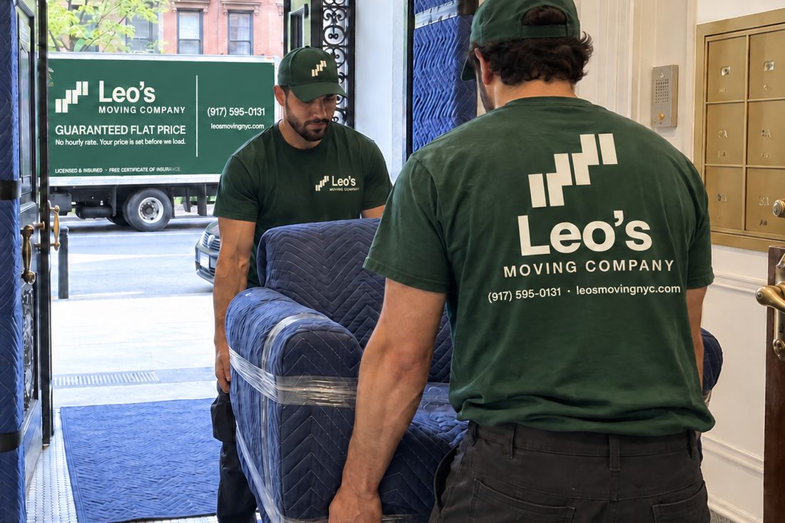Two uniformed Leo's Moving Company movers carrying a padded sofa into a building lobby