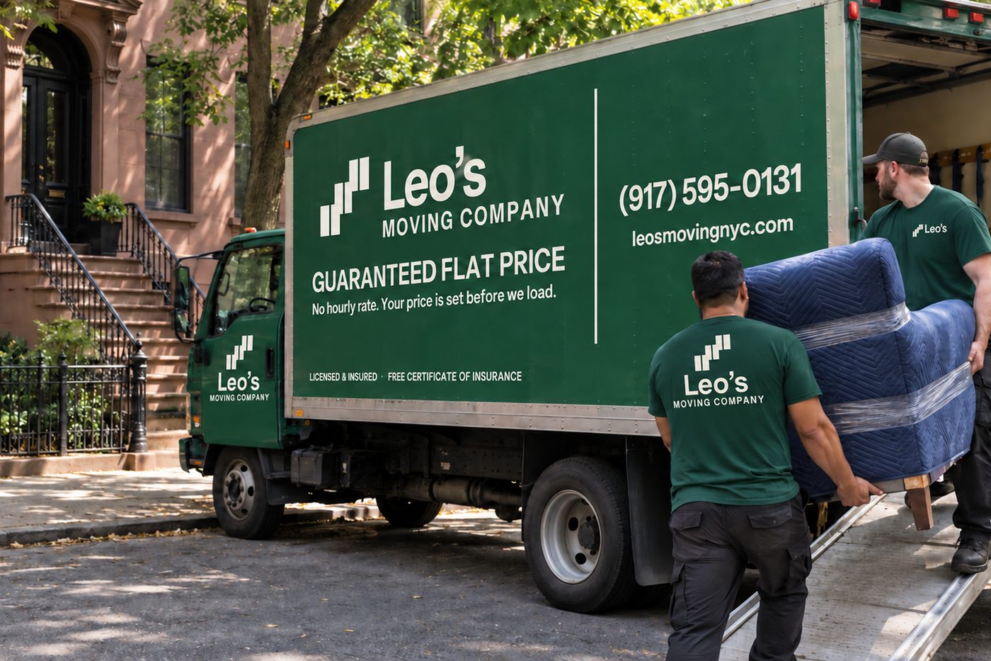 Leo's Moving Company green box truck lettered Guaranteed Flat Price, parked on a Brooklyn brownstone street while movers load a wrapped sofa up the ramp